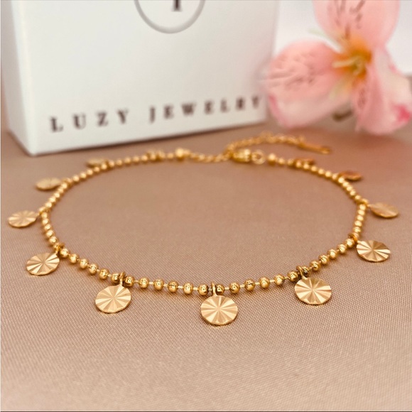 Luzy Jewelry Jewelry - 18K Gold Minimalist Beaded Disc Charms Anklet